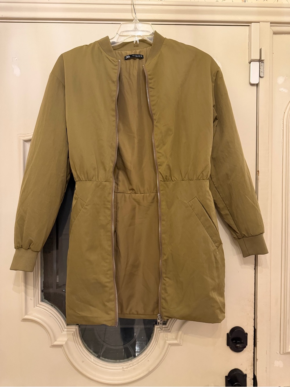 Zara Olive-Tone Long Bomber Jacket